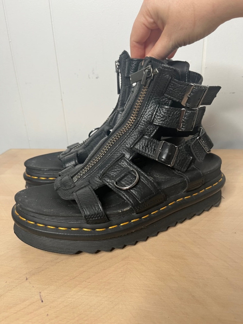 Dr Martens OlsonChunky Black Leather Zip Gladiator Sandals Yellow Stitching 8